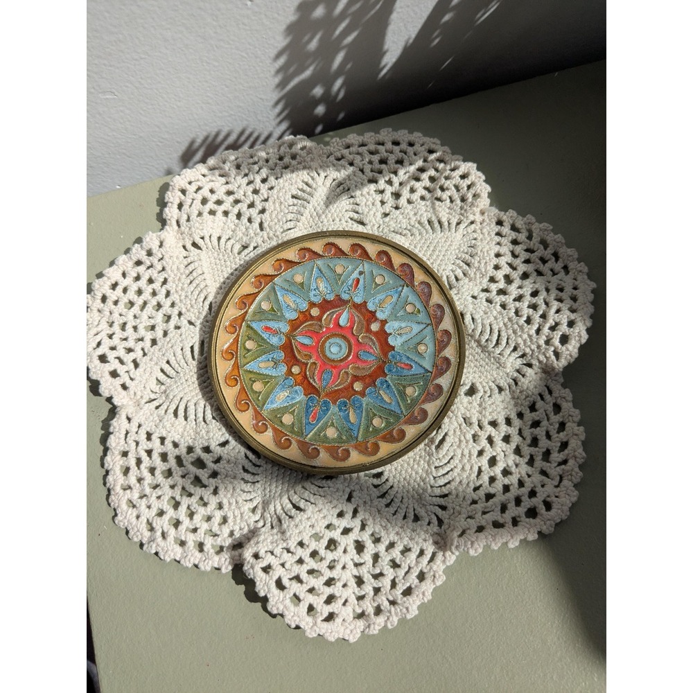 Vintage Brass Wall Plaque Hand Painted Enamel Mandala Boho Decor 3 Inch